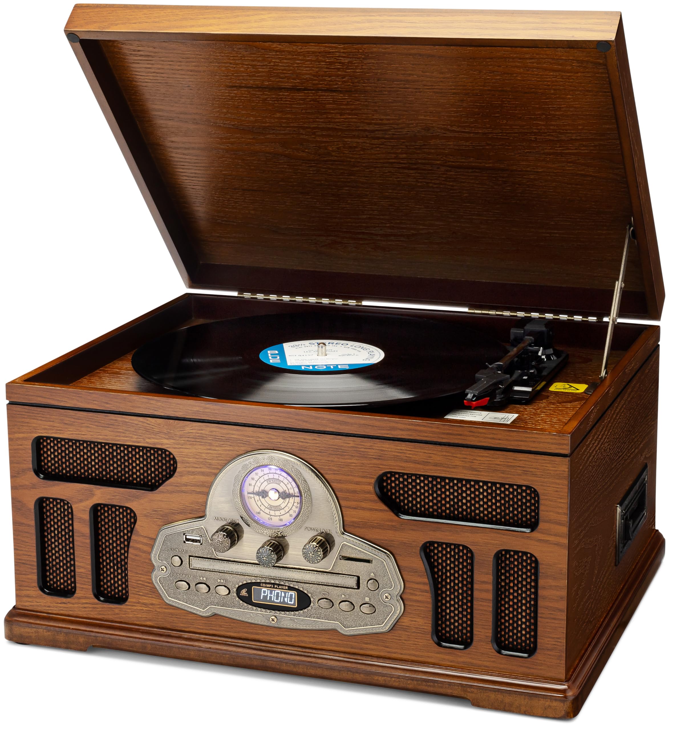 Soundbeast All In One Turntable With 3 Speed Record Player, Bluetooth, Cd, Cassette Tape, Am/Fm Radio, Usb, Built In Speakers, H